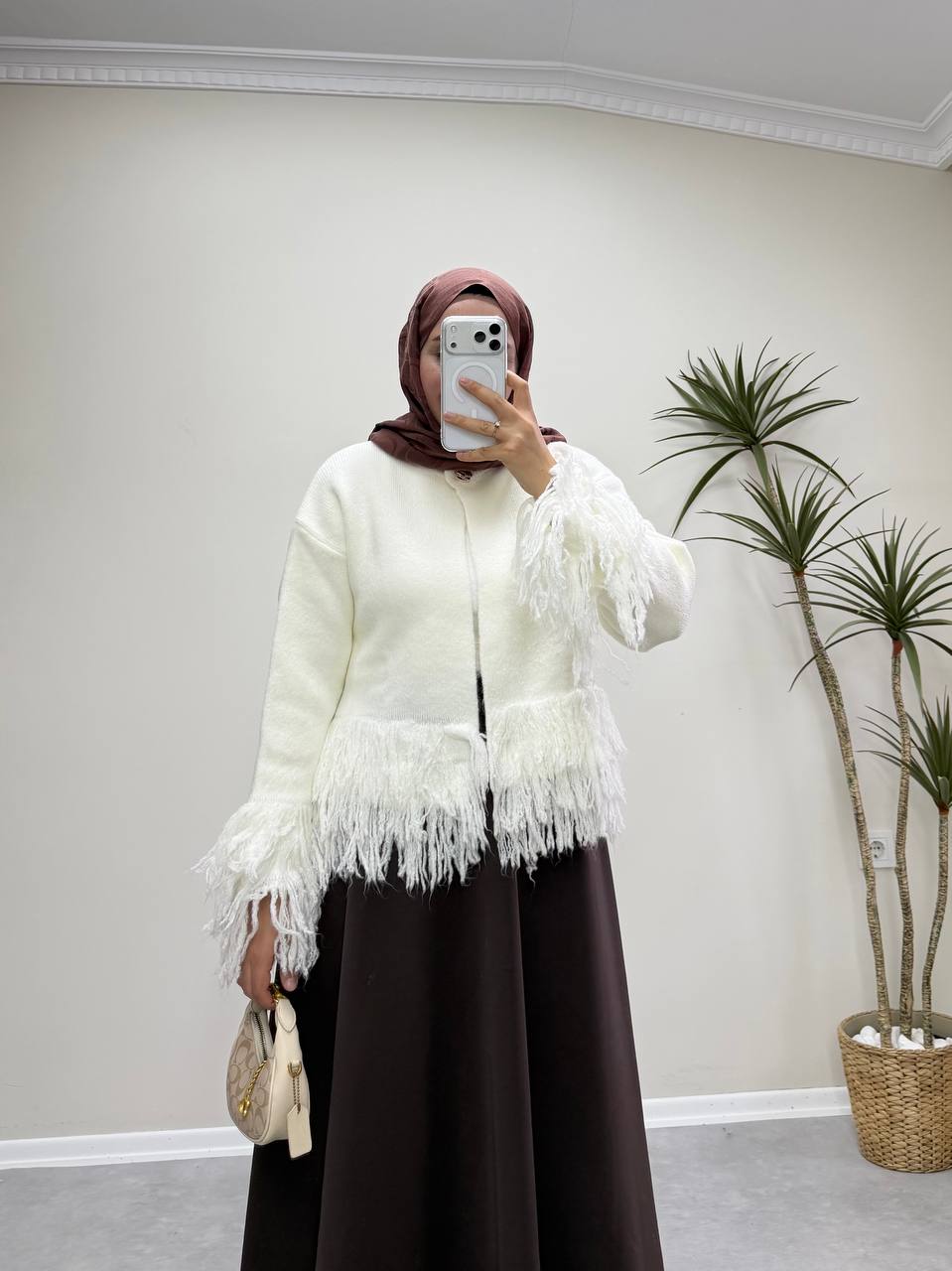 2912 - Saçaklı Hırka - Krem