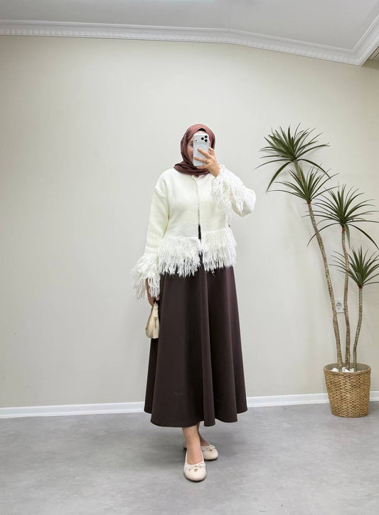 2912 - Saçaklı Hırka - Krem