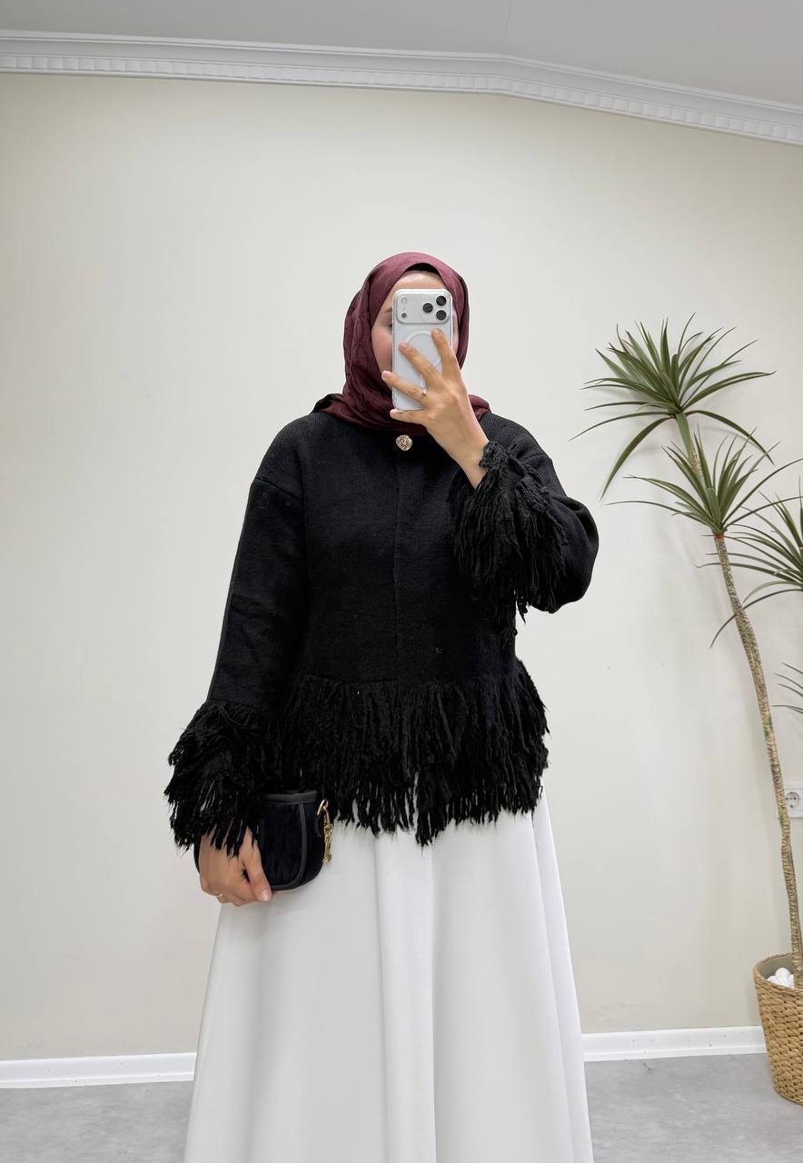 2912 - Saçaklı Hırka - Siyah