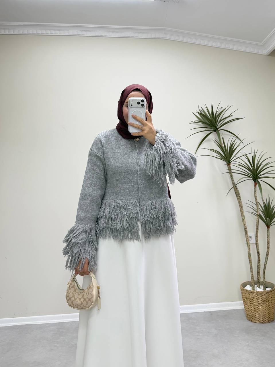 2912 - Saçaklı Hırka - Gri