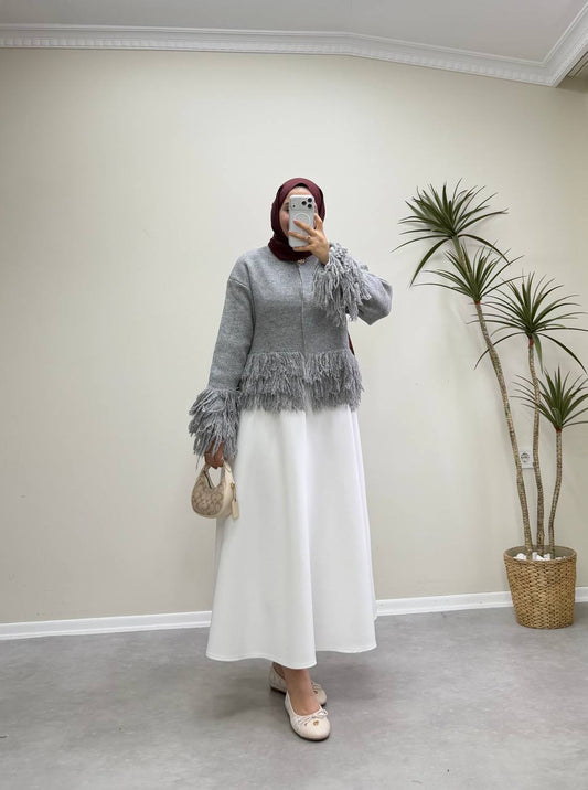 2912 - Saçaklı Hırka - Gri