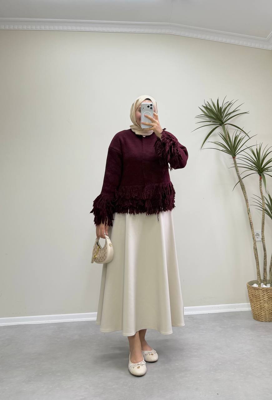 2912 - Saçaklı Hırka - Bordo