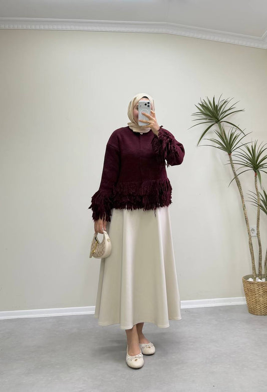 2912 - Saçaklı Hırka - Bordo