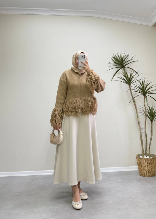 2912 - Saçaklı Hırka - Camel