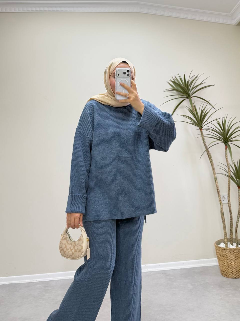 2875 - Örme Triko Pantolon Takım - Mavi