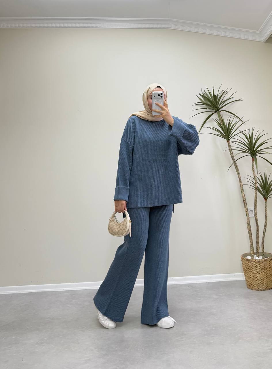 2875 - Örme Triko Pantolon Takım - Mavi