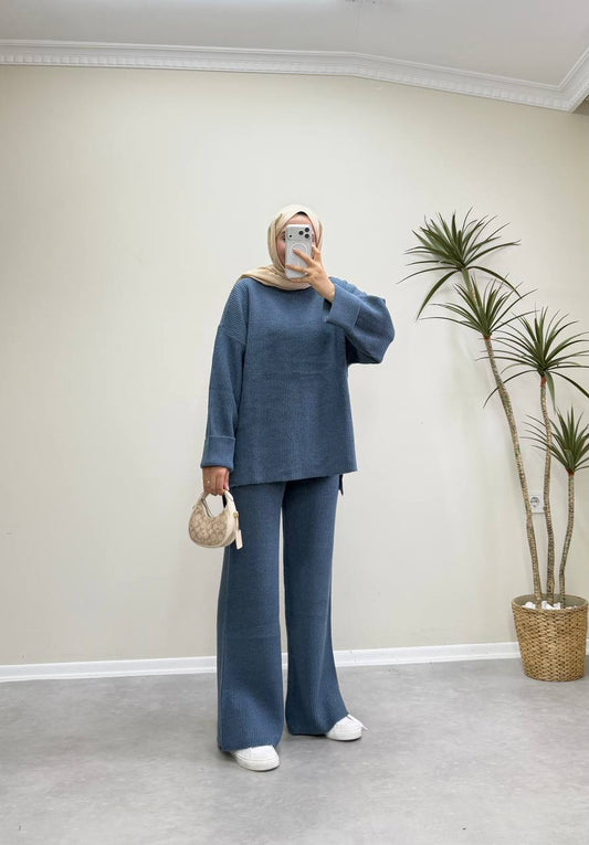 2875 - Örme Triko Pantolon Takım - Mavi