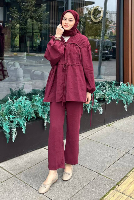2028 - Tencel Bağlamalı Pantolon Takım - Bordo
