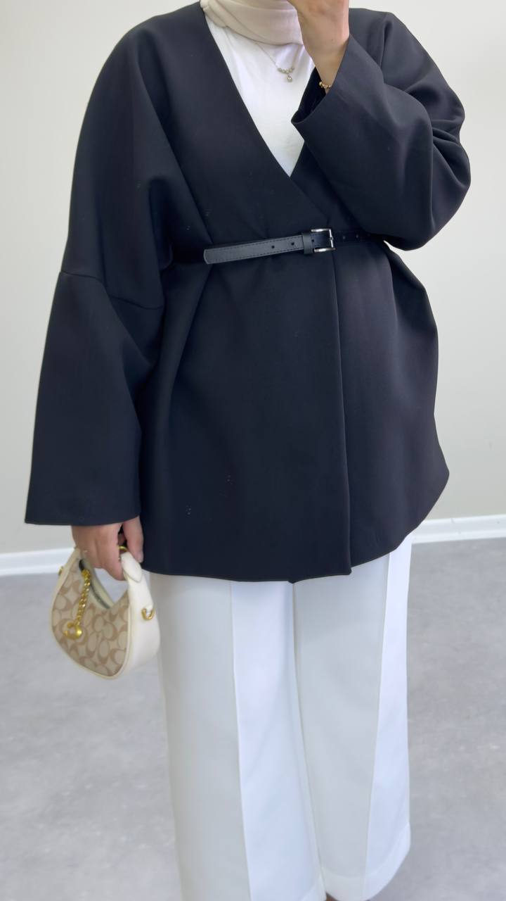 2400 - Deri Kemerli Ceket - Siyah