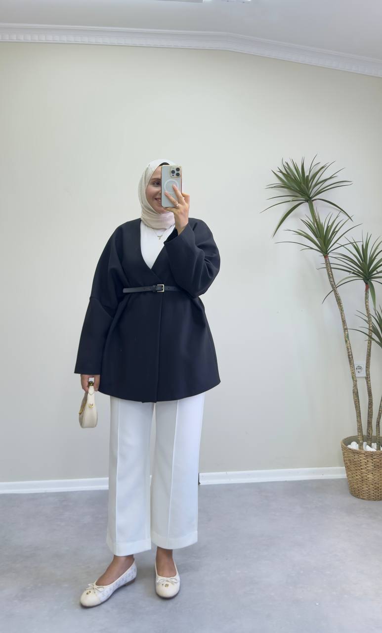 2400 - Deri Kemerli Ceket - Siyah