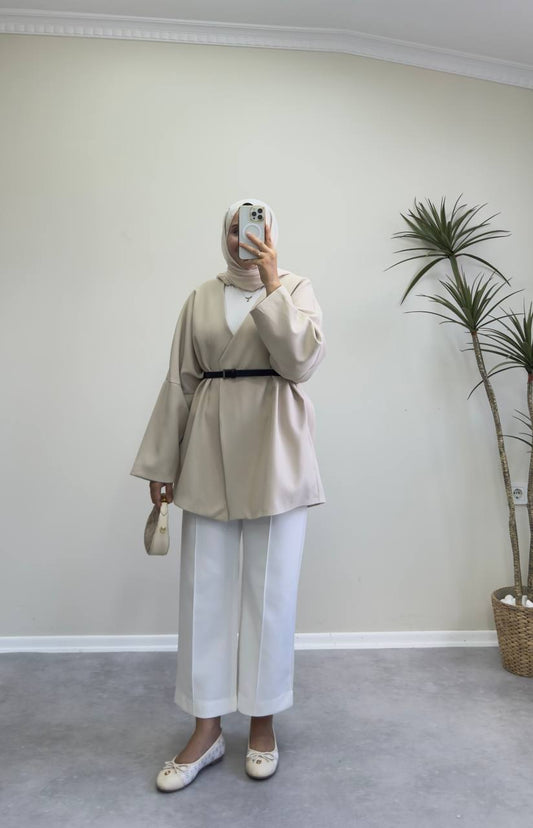 2400 - Deri Kemerli Ceket - Bej