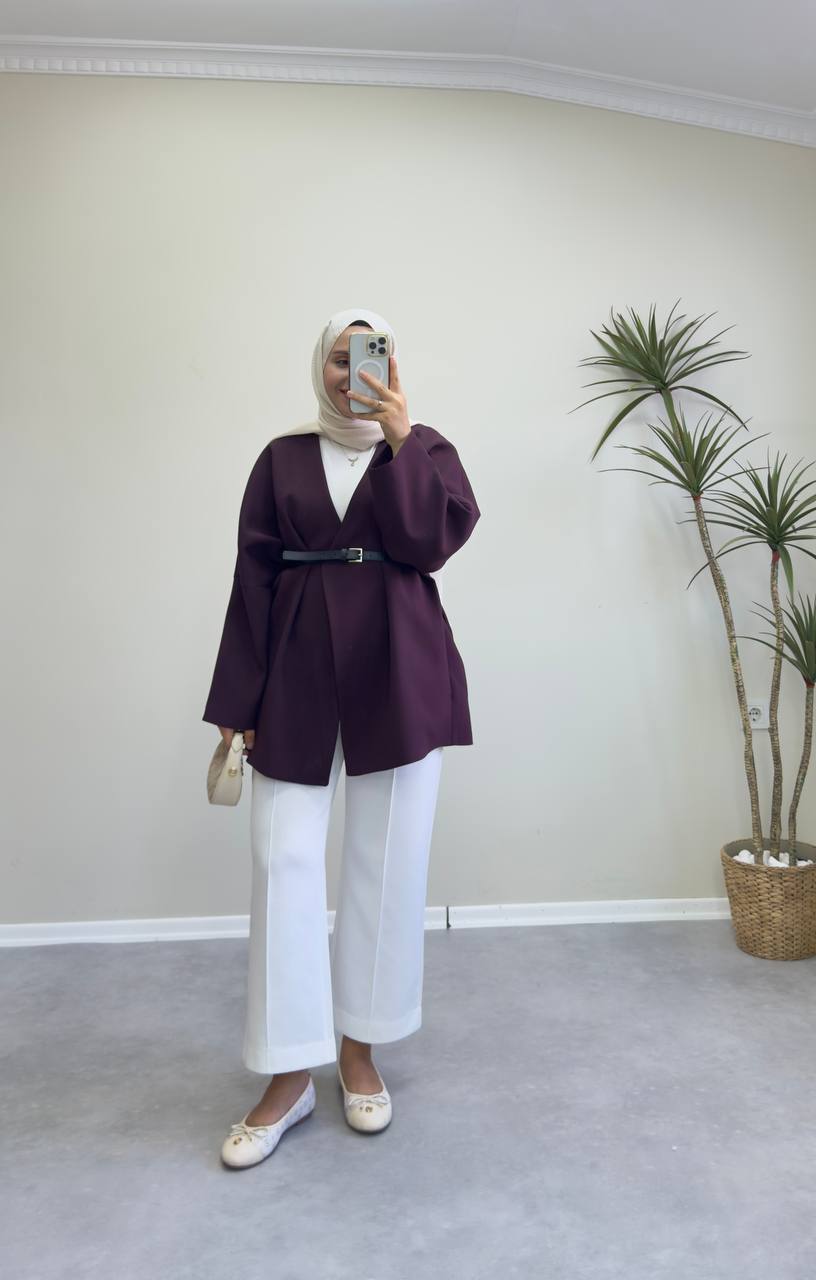 2400 - Deri Kemerli Ceket - Mürdüm