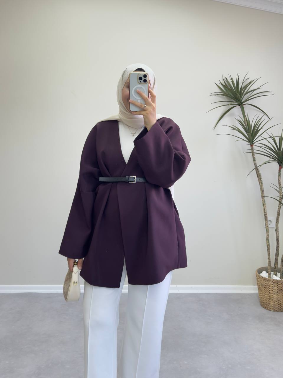 2400 - Deri Kemerli Ceket - Mürdüm