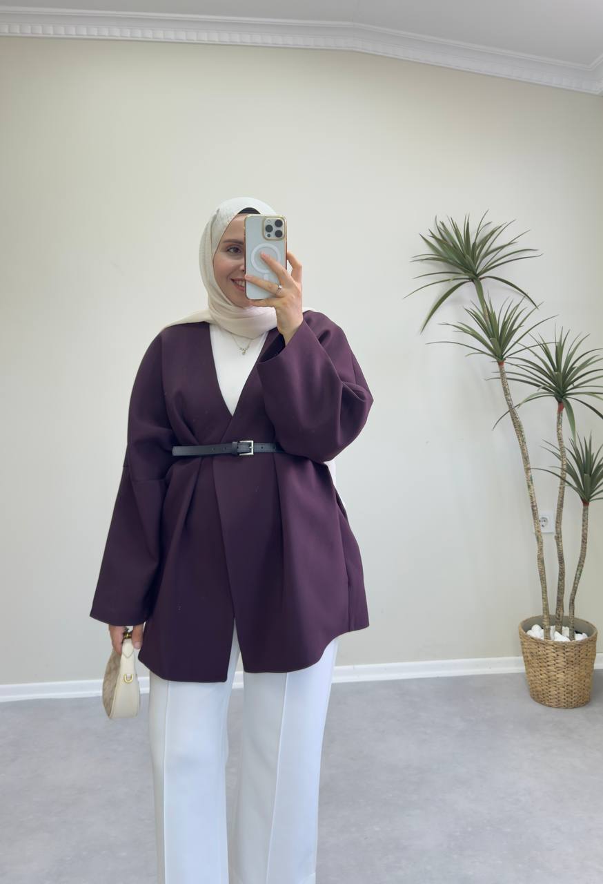 2400 - Deri Kemerli Ceket - Mürdüm