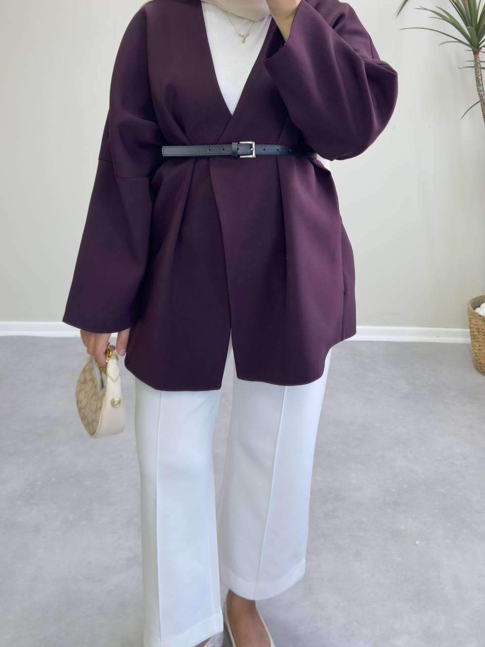 2400 - Deri Kemerli Ceket - Mürdüm