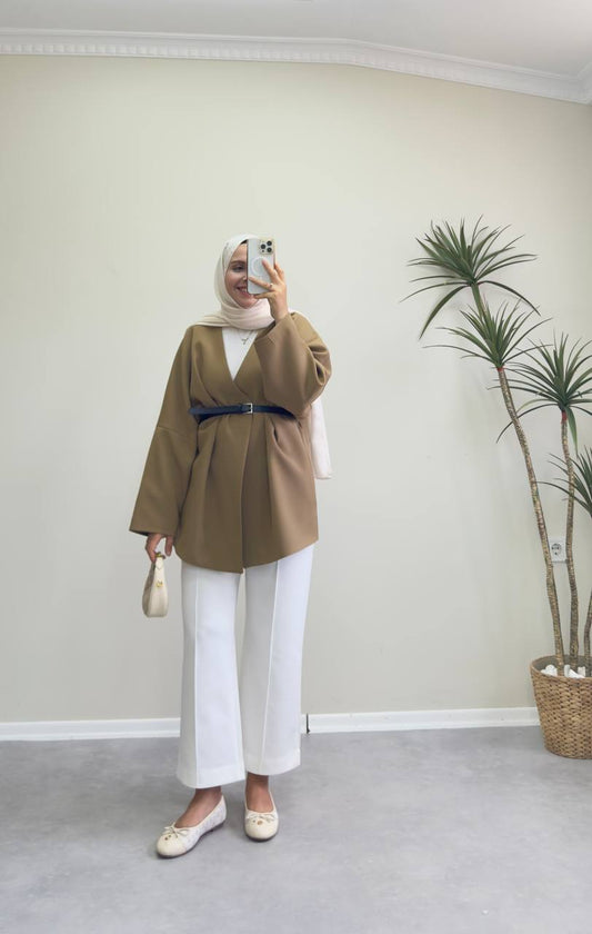 2400 - Deri Kemerli Ceket - Kahve