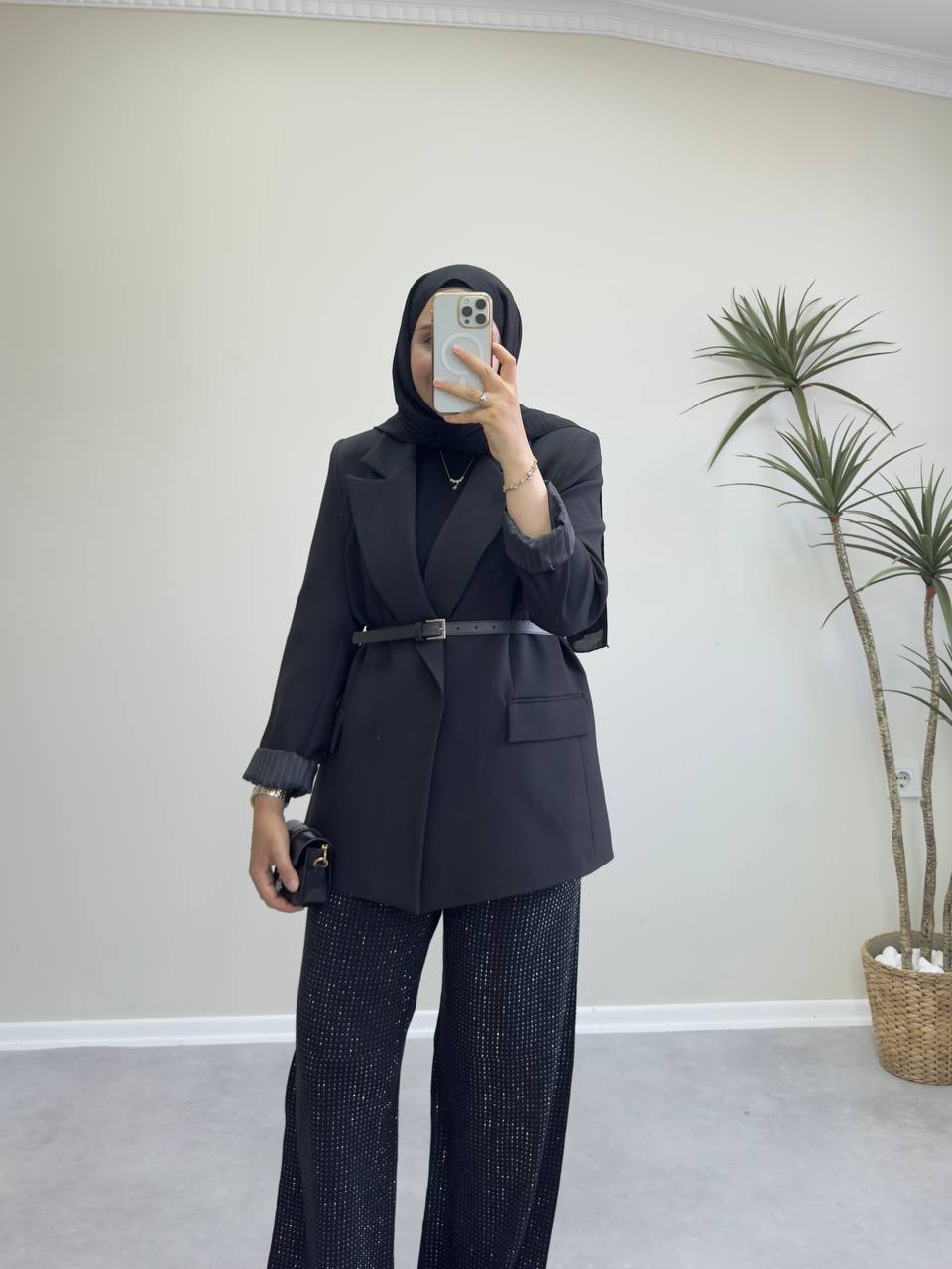 2448 - Taşlı Palazzo Pantolon - Siyah