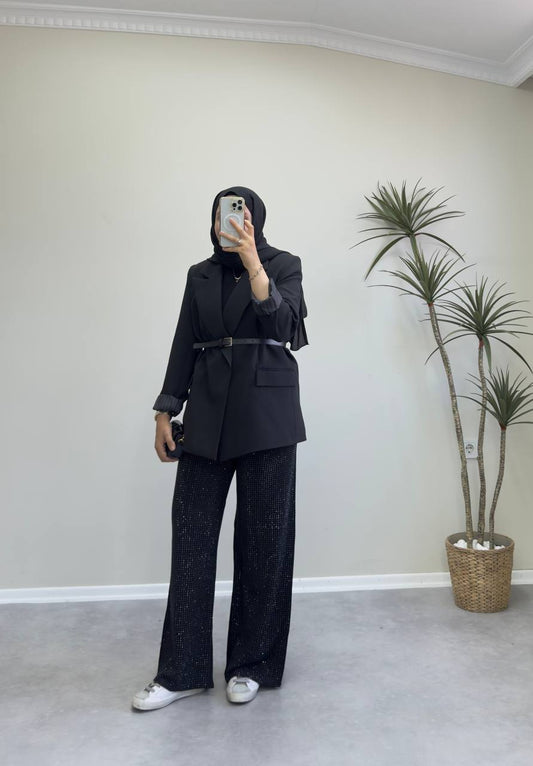 2448 - Taşlı Palazzo Pantolon - Siyah