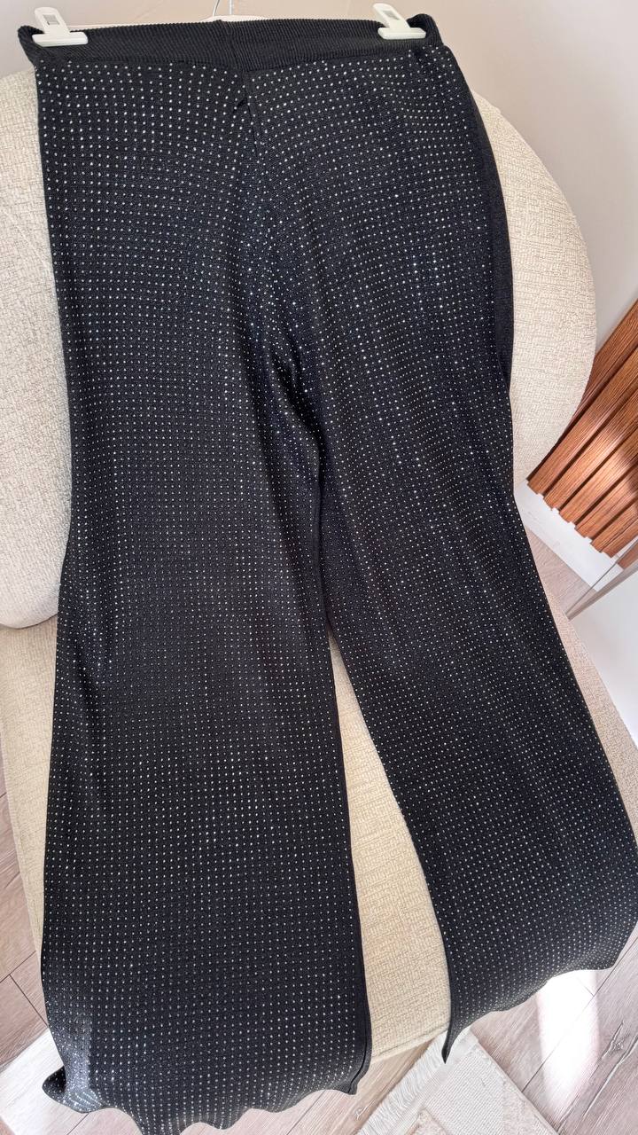 2448 - Taşlı Palazzo Pantolon - Siyah