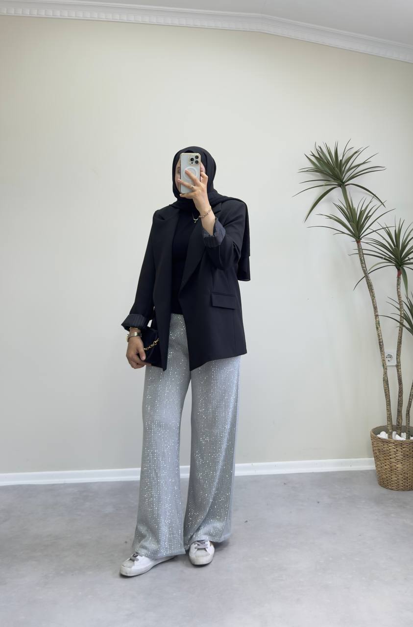 2448 - Taşlı Palazzo Pantolon - Gri