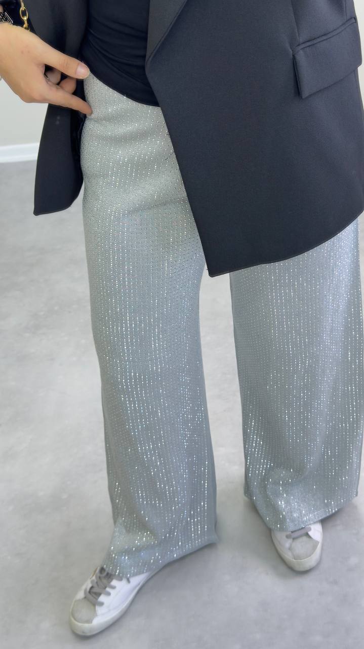 2448 - Taşlı Palazzo Pantolon - Gri