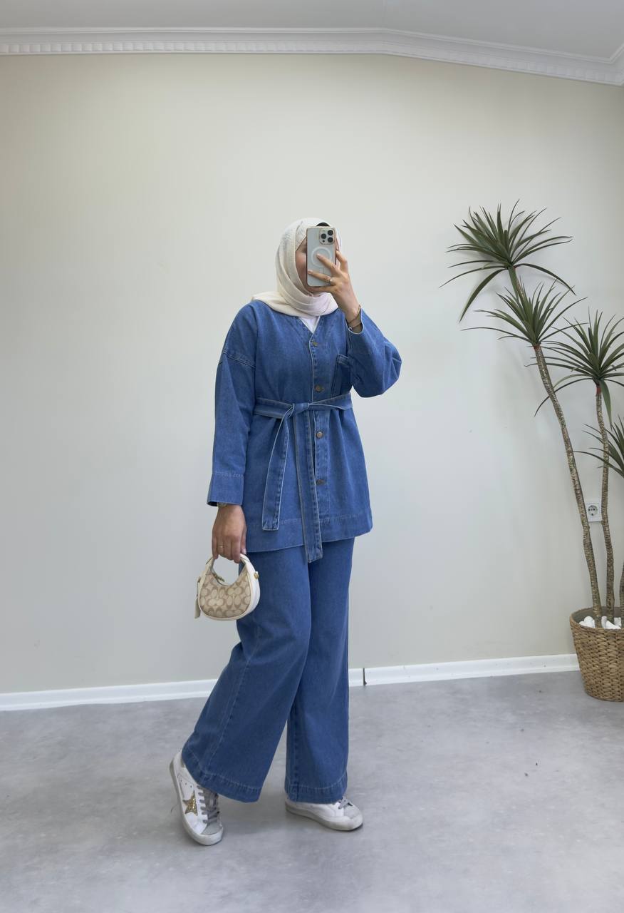 2417 - V Yaka Denim Pantolon Takım - Mavi