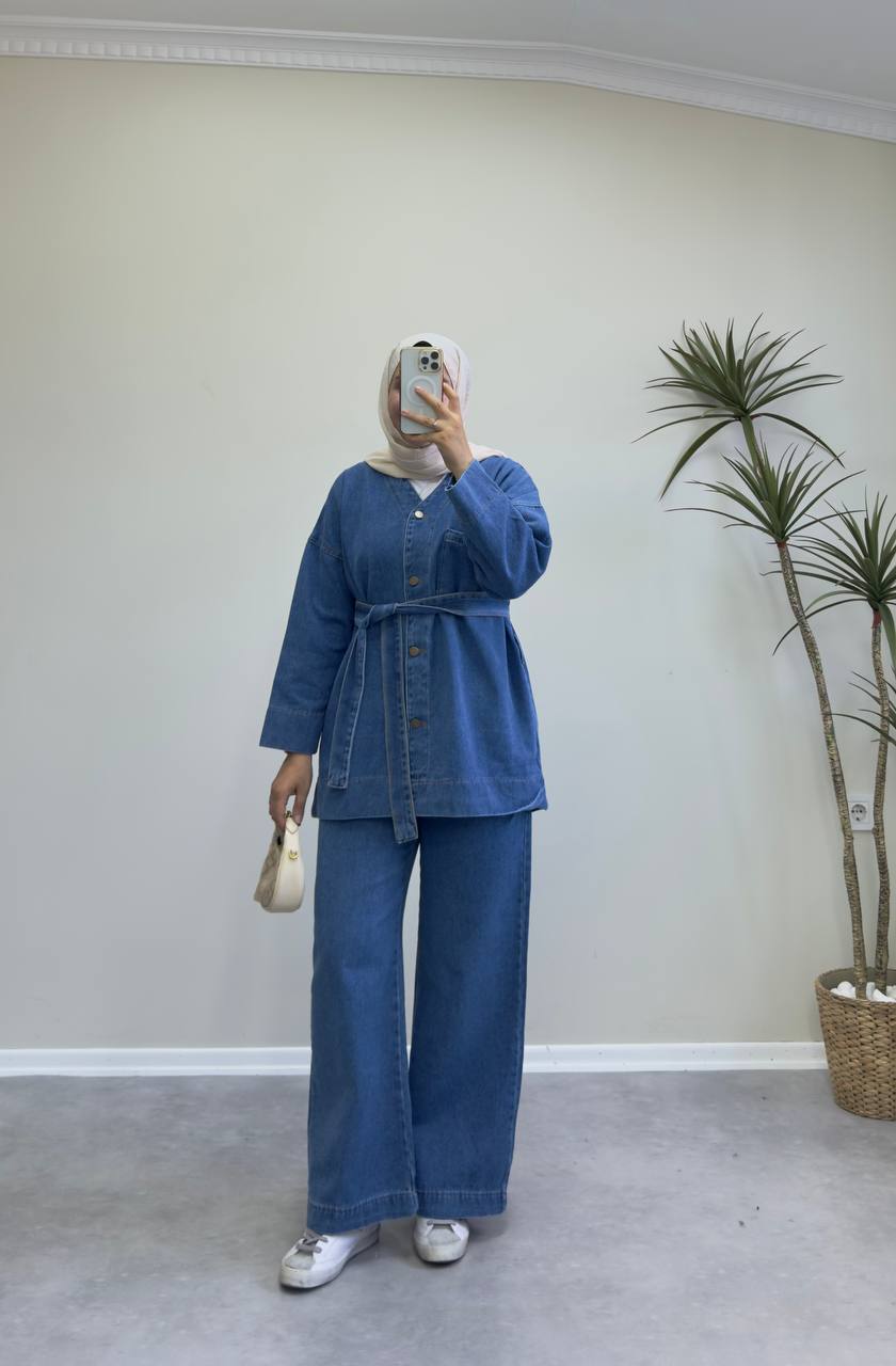 2417 - V Yaka Denim Pantolon Takım - Mavi
