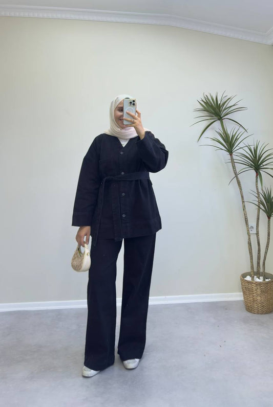 2417 - V Yaka Denim Pantolon Takım - Siyah