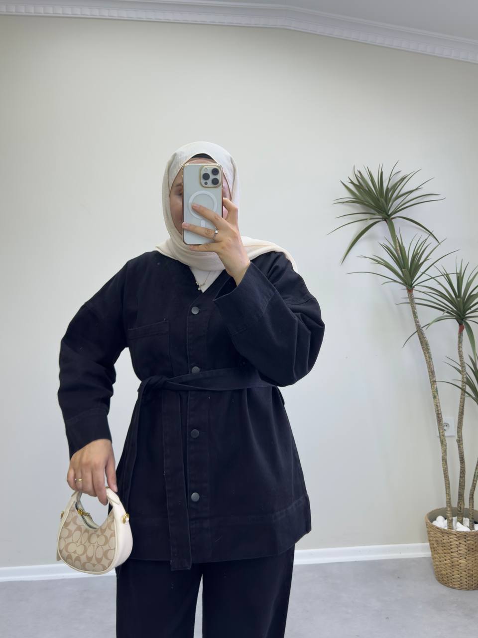 2417 - V Yaka Denim Pantolon Takım - Siyah