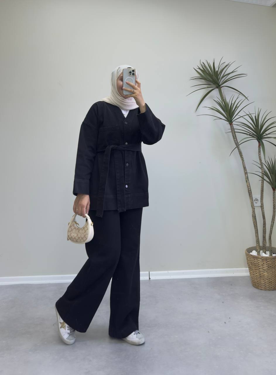 2417 - V Yaka Denim Pantolon Takım - Siyah