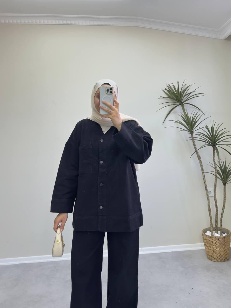 2417 - V Yaka Denim Pantolon Takım - Siyah