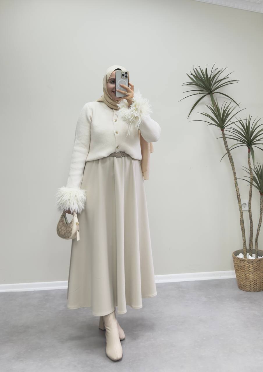 2547 - Kolu Tüylü Hırka  - Krem