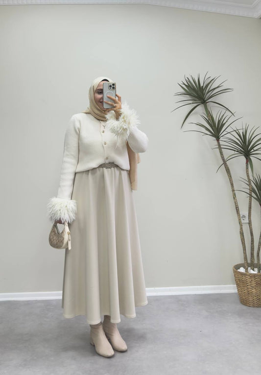 2547 - Kolu Tüylü Hırka  - Krem