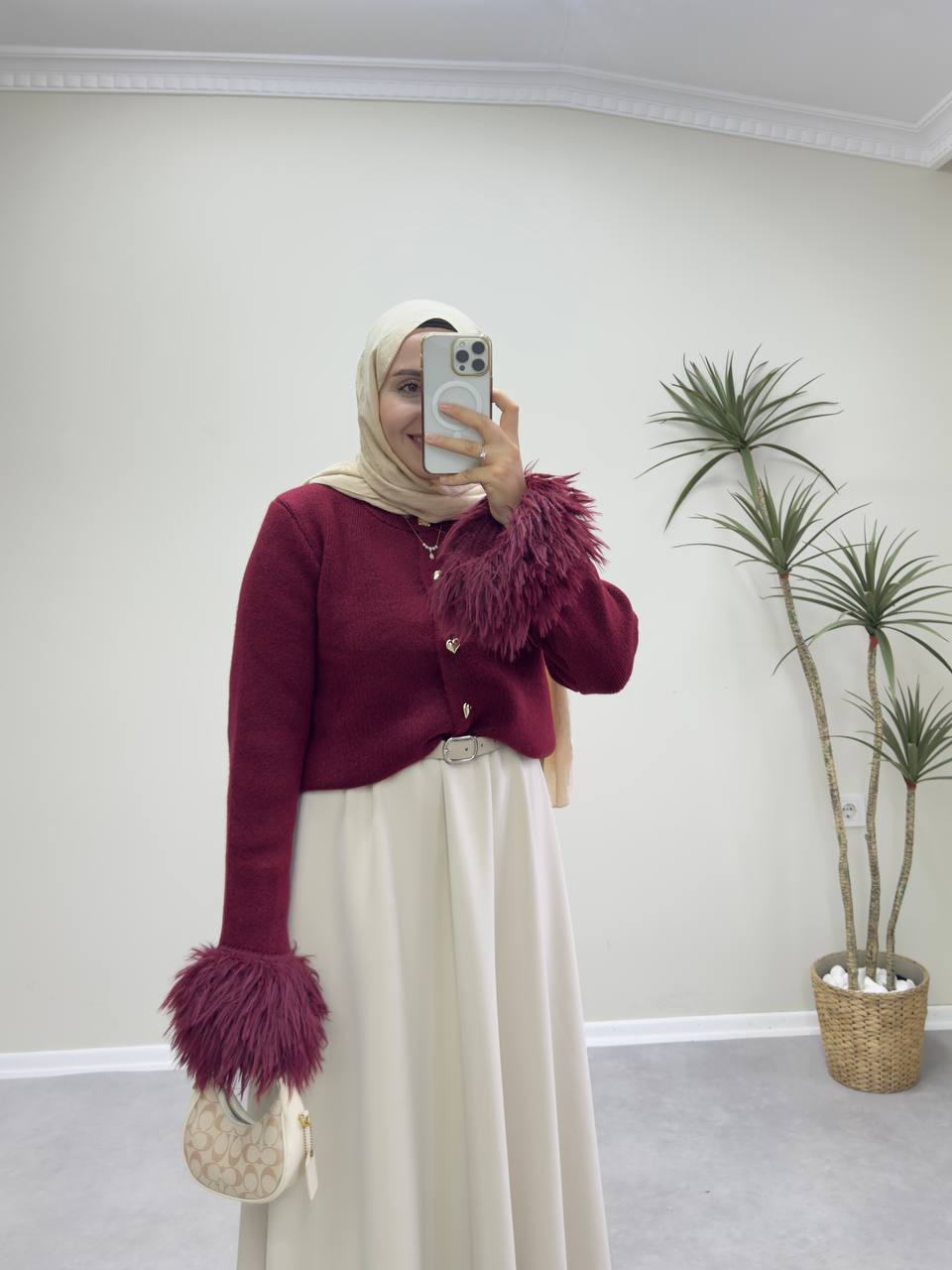 2547 - Kolu Tüylü Hırka  - Bordo