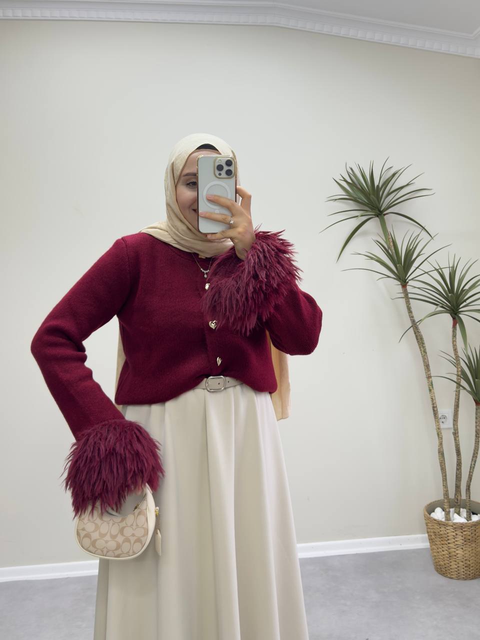 2547 - Kolu Tüylü Hırka  - Bordo