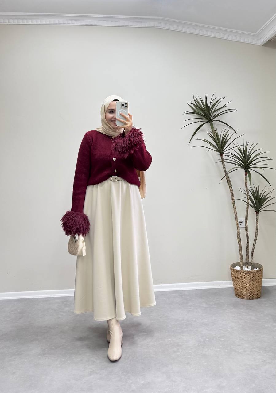 2547 - Kolu Tüylü Hırka  - Bordo