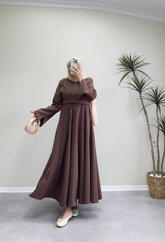 2516 - Belden Oturtmalı Kloş Elbise - Kahve