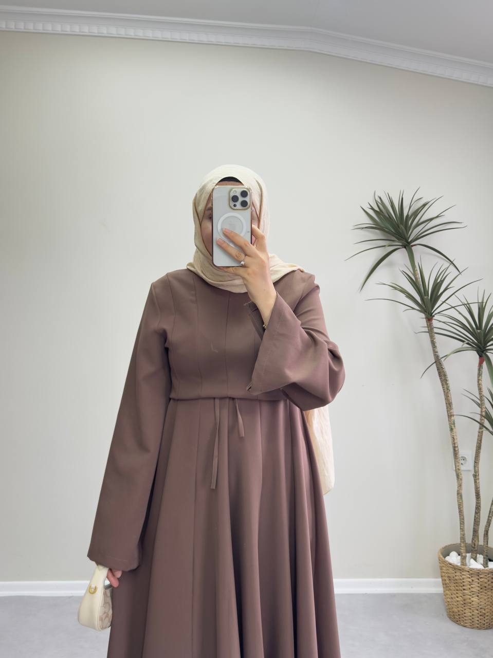 2516 - Belden Oturtmalı Kloş Elbise - Kahve