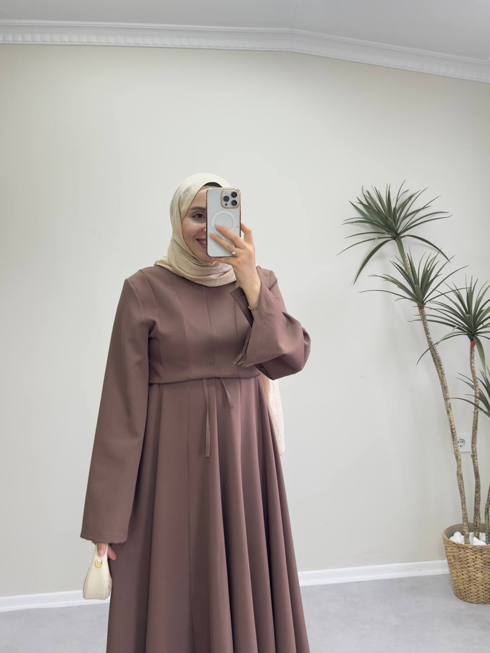 2516 - Belden Oturtmalı Kloş Elbise - Kahve