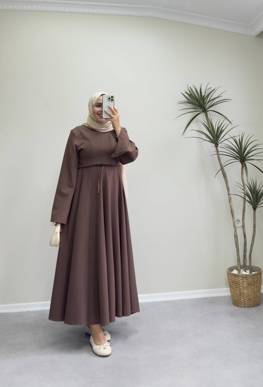 2516 - Belden Oturtmalı Kloş Elbise - Kahve