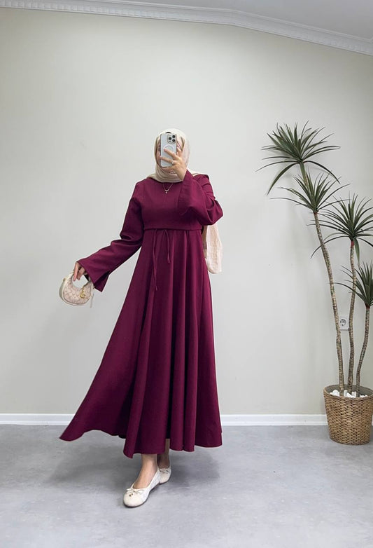 2516 - Belden Oturtmalı Kloş Elbise - Bordo