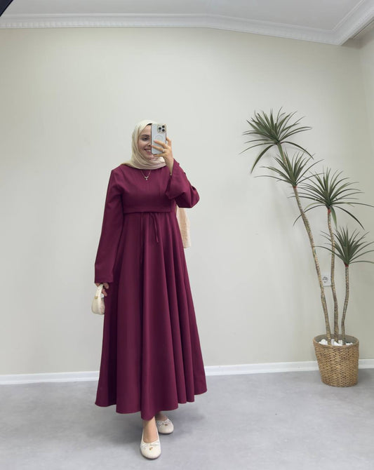 2516 - Belden Oturtmalı Kloş Elbise - Bordo