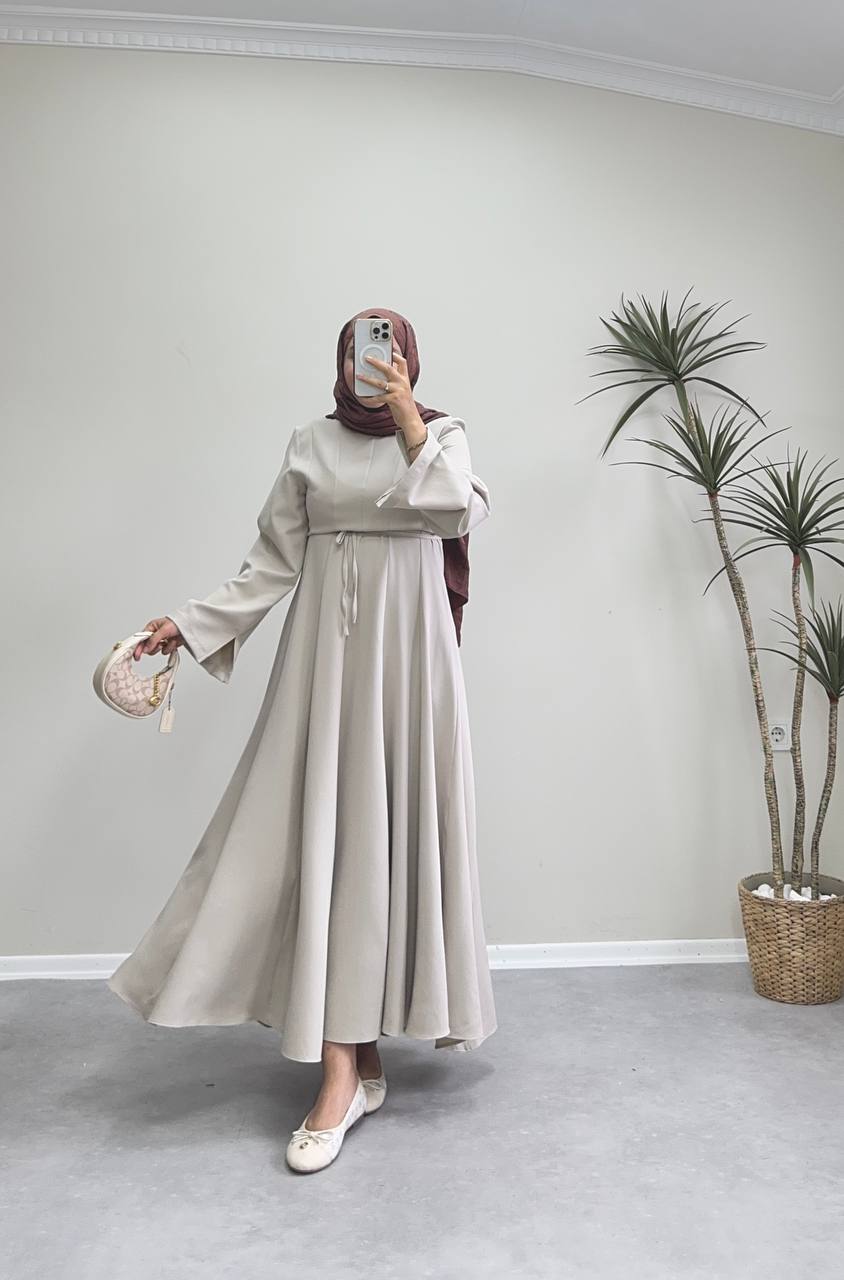 2516 - Belden Oturtmalı Kloş Elbise - Krem