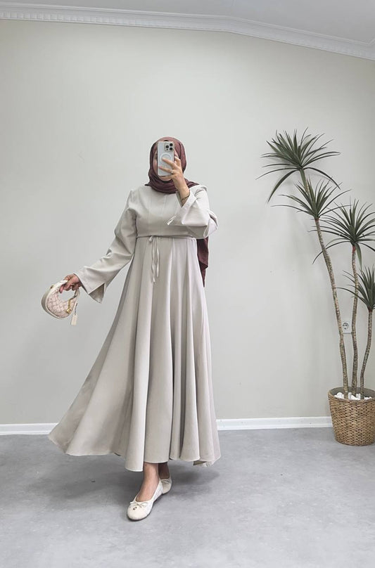 2516 - Belden Oturtmalı Kloş Elbise - Krem