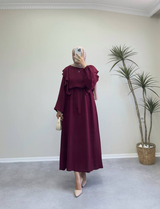 1496 - Omuz Fırfırlı Elbise - Bordo