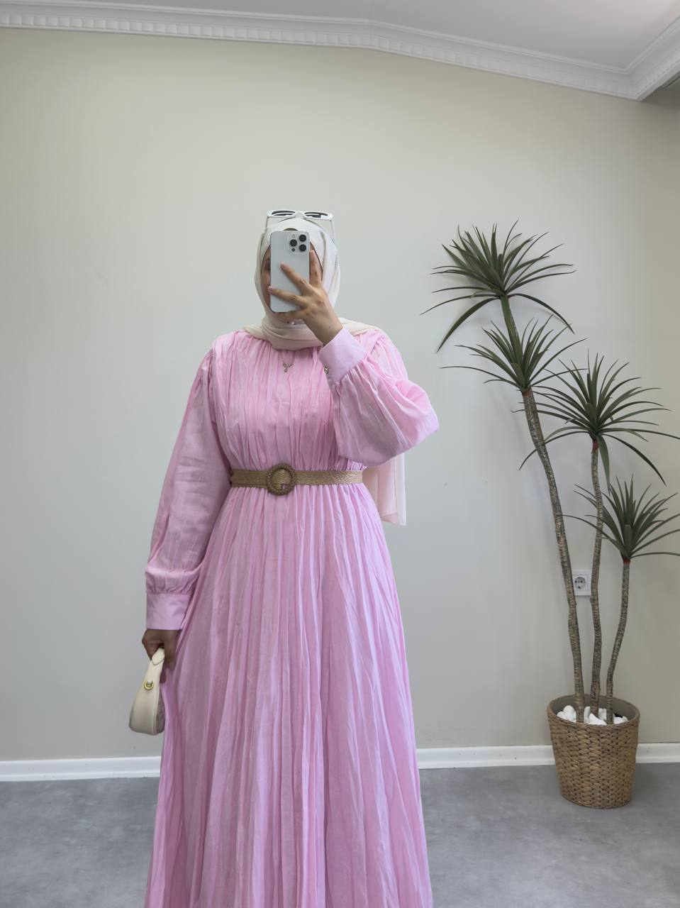2097 - Oval Kuşaklı Vual Elbise - Pembe