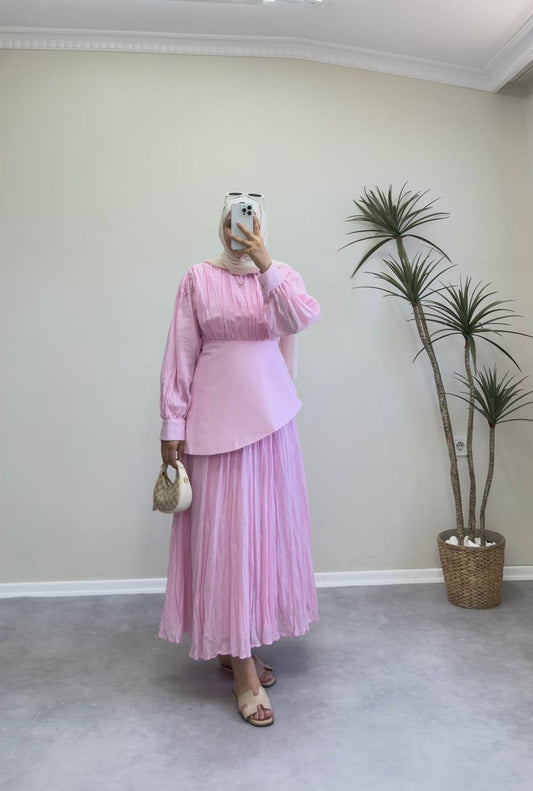2097 - Oval Kuşaklı Vual Elbise - Pembe