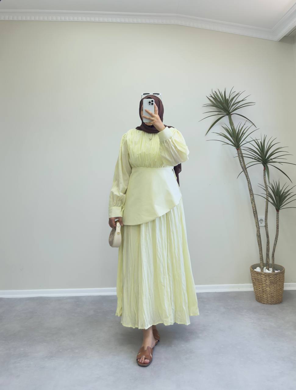 2097 - Oval Kuşaklı Vual Elbise - Sarı
