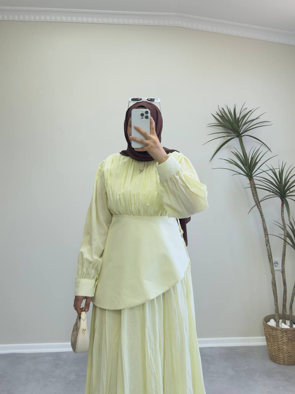 2097 - Oval Kuşaklı Vual Elbise - Sarı