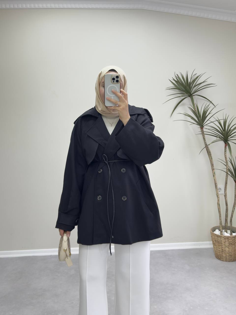 2585 - Deri Kemerli Trençkot - Siyah